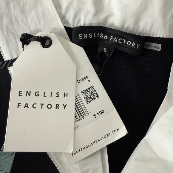 English Factory Black & White Puff Sleeve Bow Tie Dress S - Picture 6 of 6